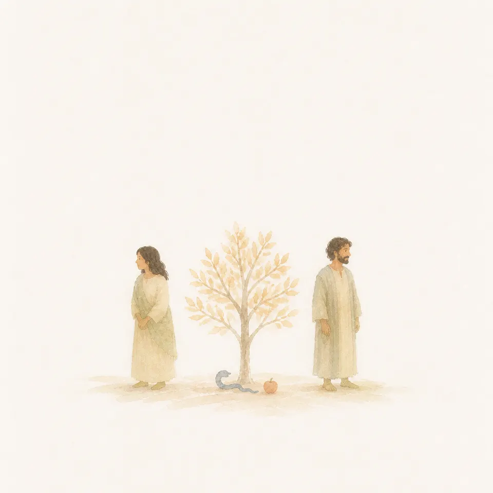 A watercolor of Adam and Eve drawn apart before the tree, the serpent, and the fruit in Eden