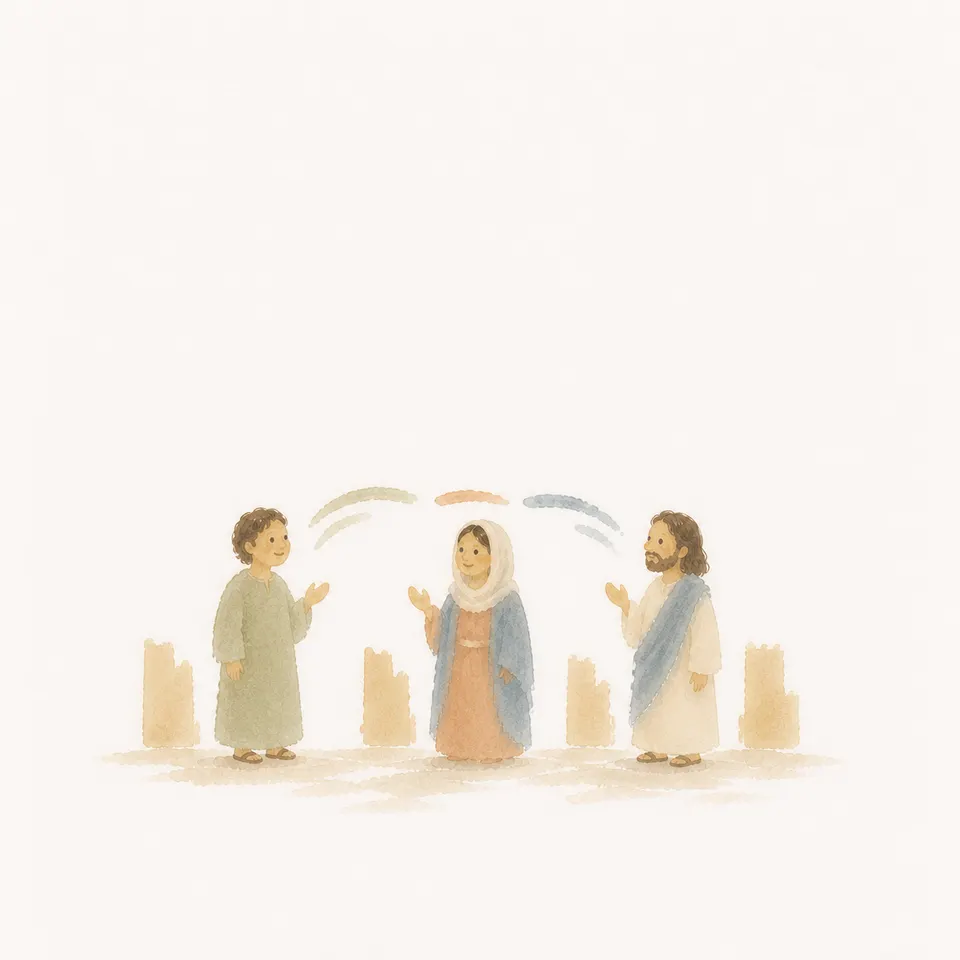 A watercolor of people beneath the tower of Babel struggling to understand each other's languages