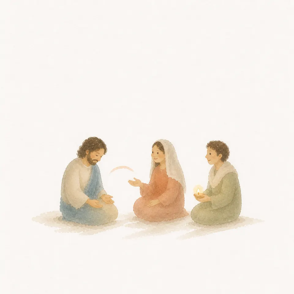 A watercolor of David bowing his head before Nathan's truth and a community listening to Bathsheba's words