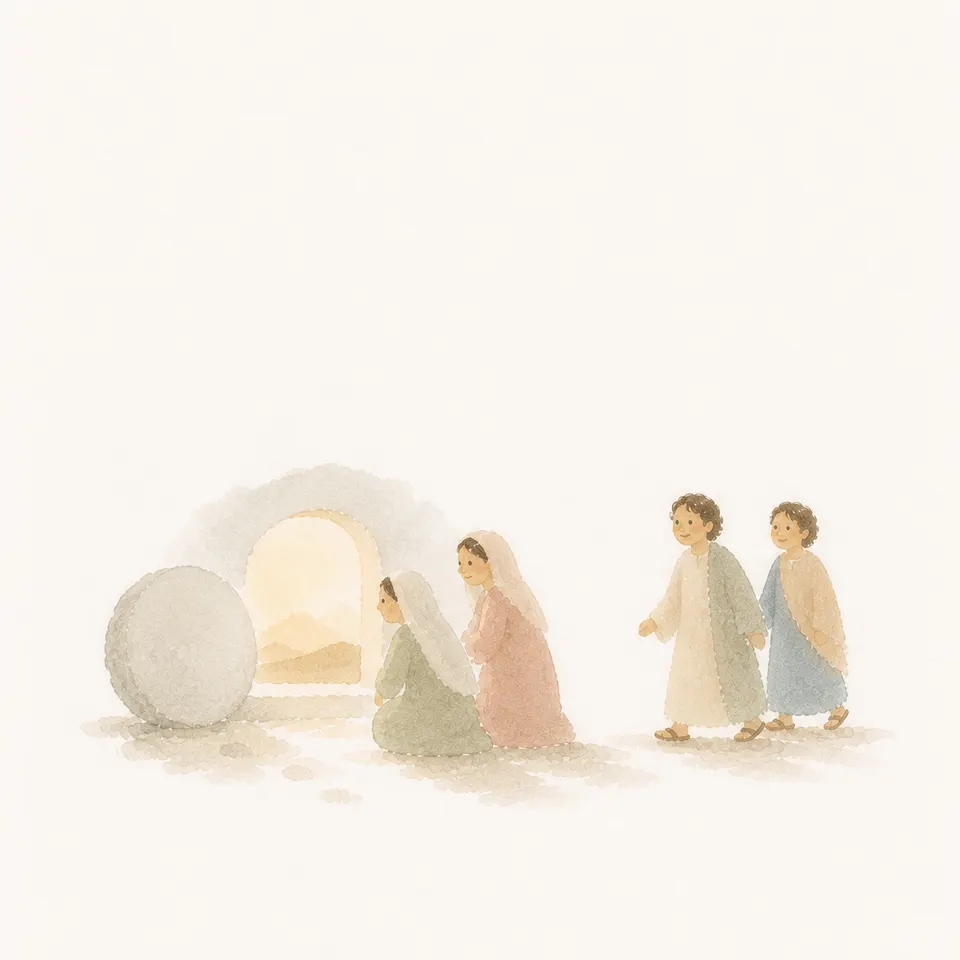 A watercolor of the women checking the rolled-away stone and the empty tomb and the disciples running up
