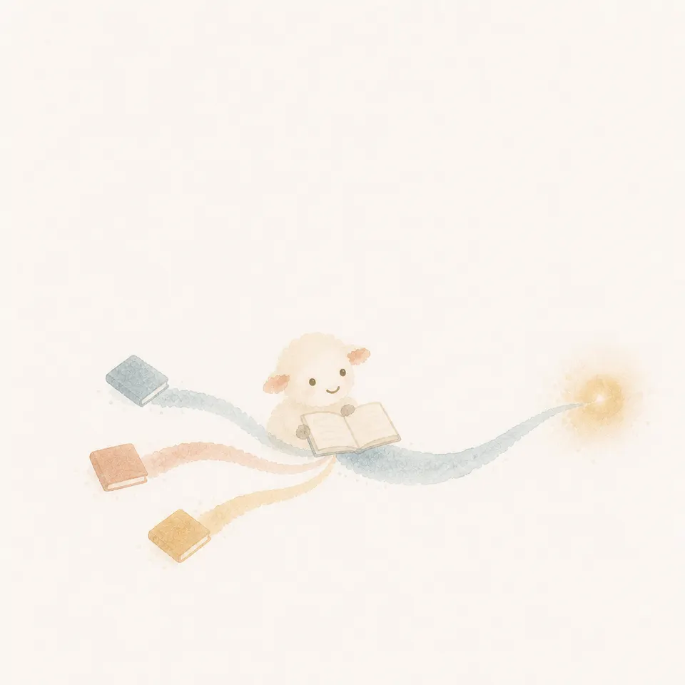 A watercolor of a lamb and a Bible library where books from many ages flow like one river