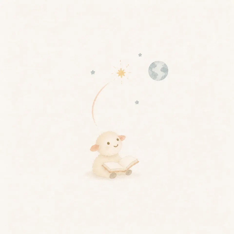 A watercolor of a lamb opening Genesis and gazing in wonder at the stars and the earth