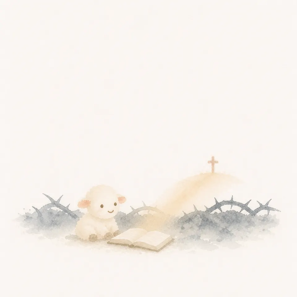 A watercolor of a lamb in a dark ancient valley reading a violent passage by the light of the cross