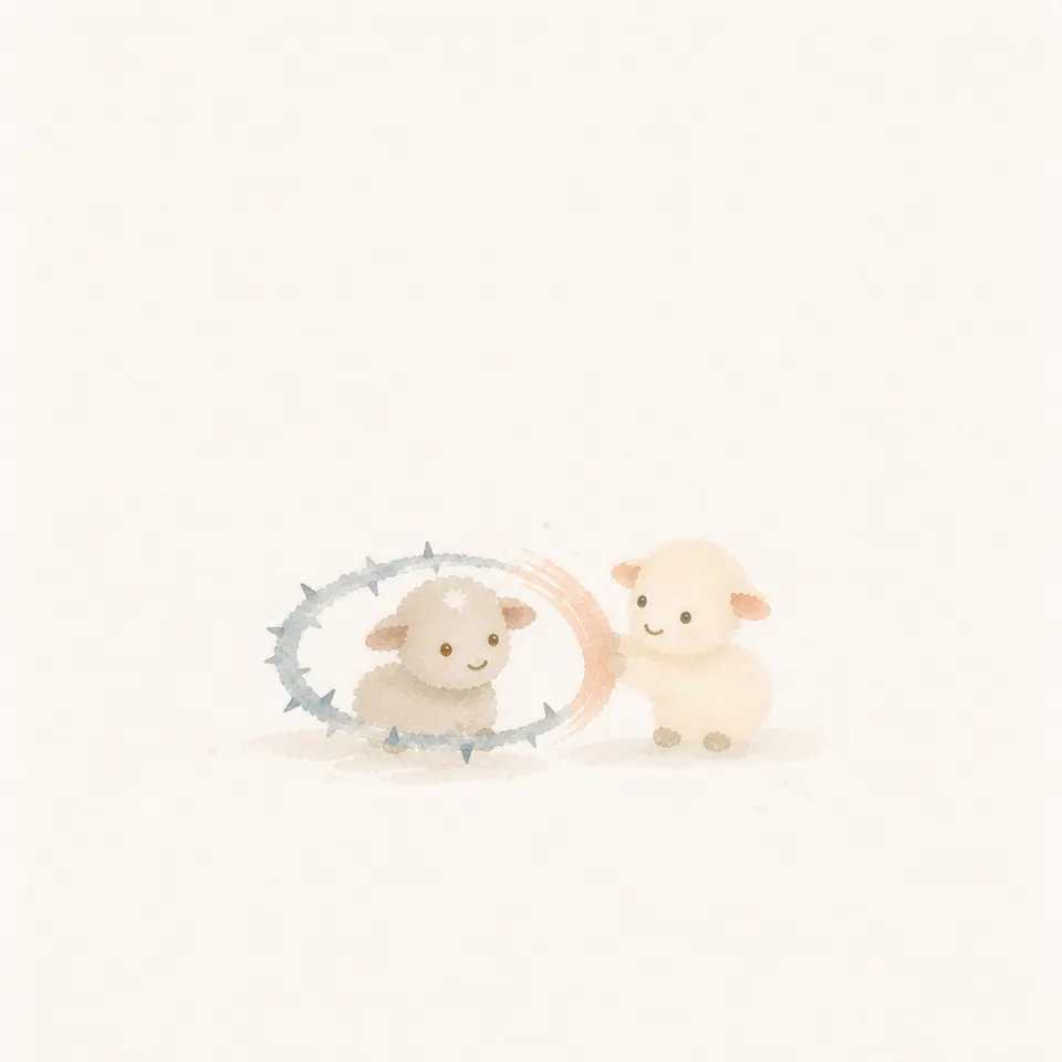 A watercolor of a lamb untangling a hard passage like a thornbush and protecting the oppressed