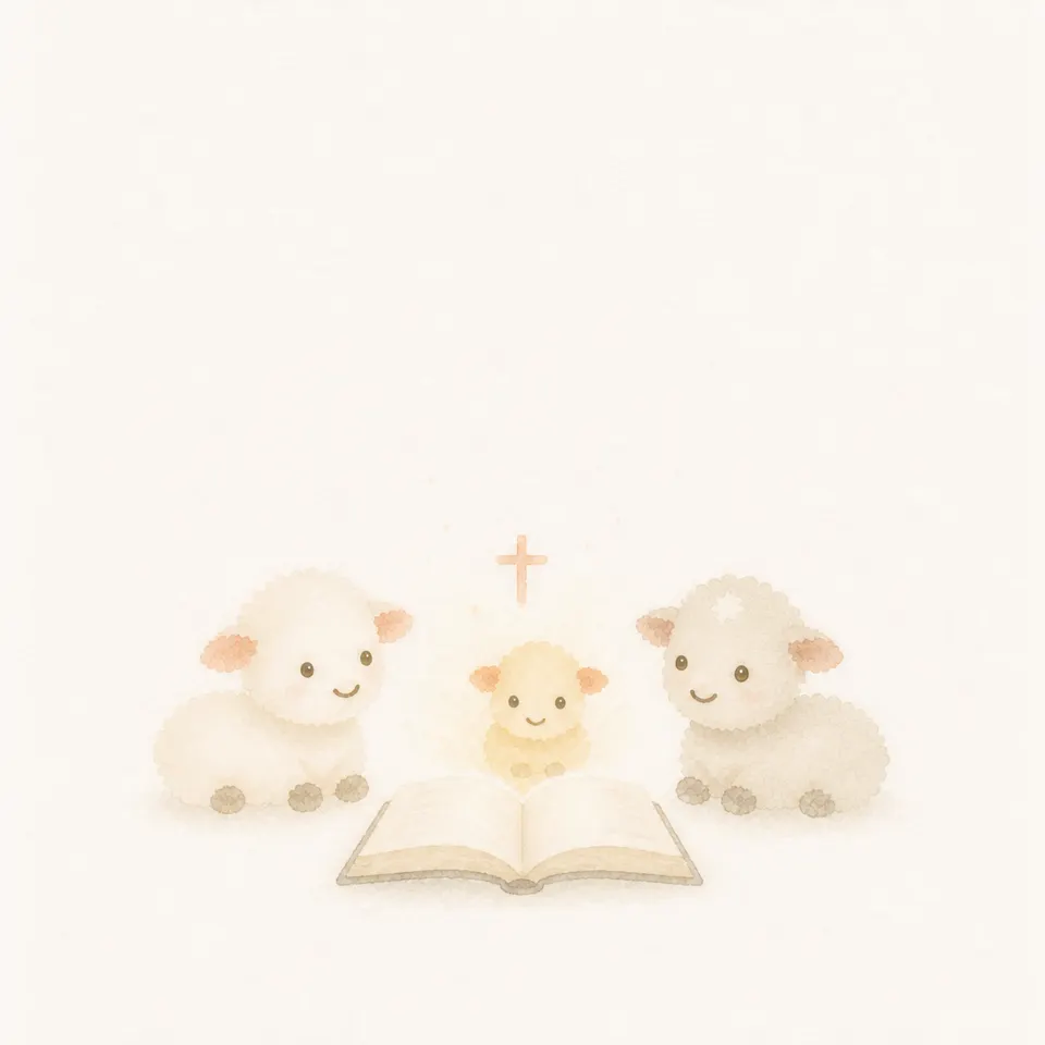 A watercolor of lambs hearing the Word from a Bible the church community has opened together