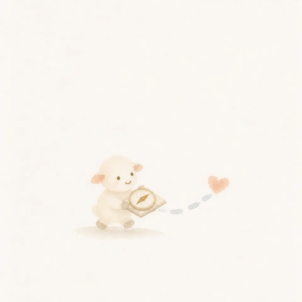 A watercolor of a lamb walking the road of love with a Bible compass instead of a magic slip of paper