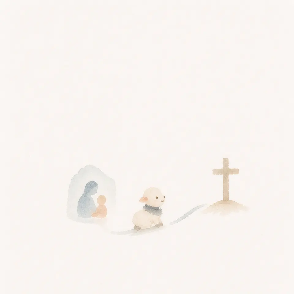 A watercolor of a lamb looking toward the cross through a picture of the Madonna and Child