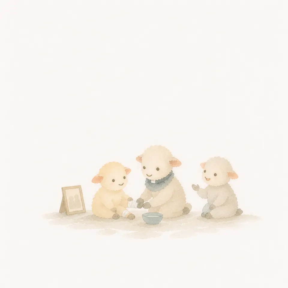 A watercolor of a lamb talking with a serving shepherd beside a family photo