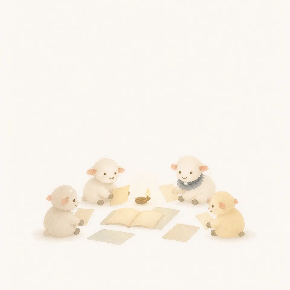 A watercolor of lambs of the early Church discerning the scriptural documents together
