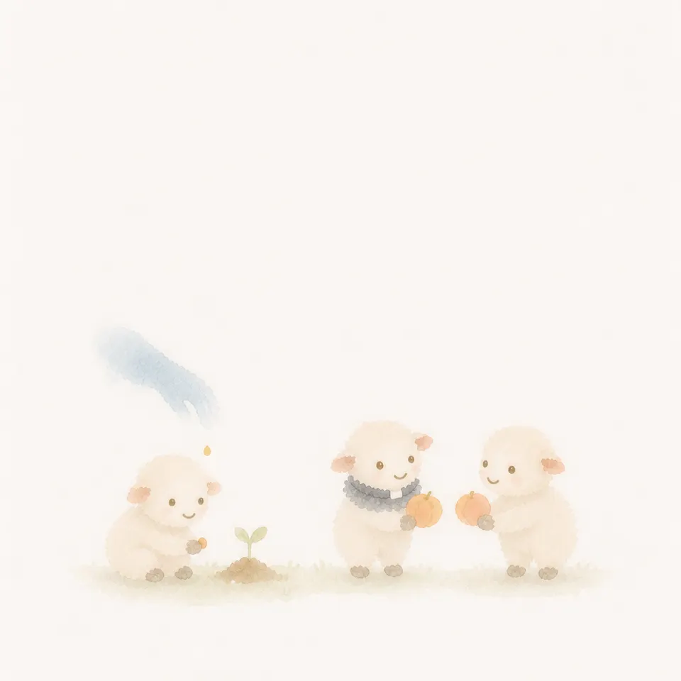 A watercolor of lambs receiving the gift of grace and sharing its fruit with their neighbors