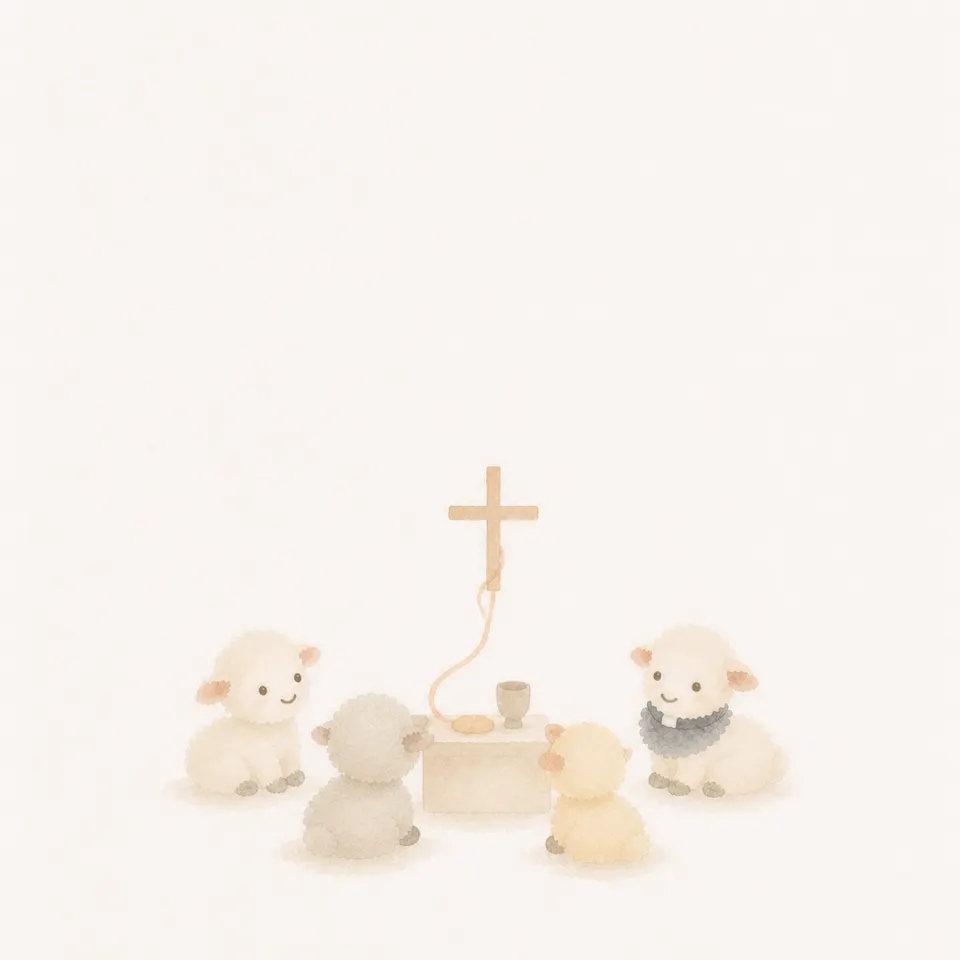 A watercolor of lambs celebrating Mass around one cross and one altar