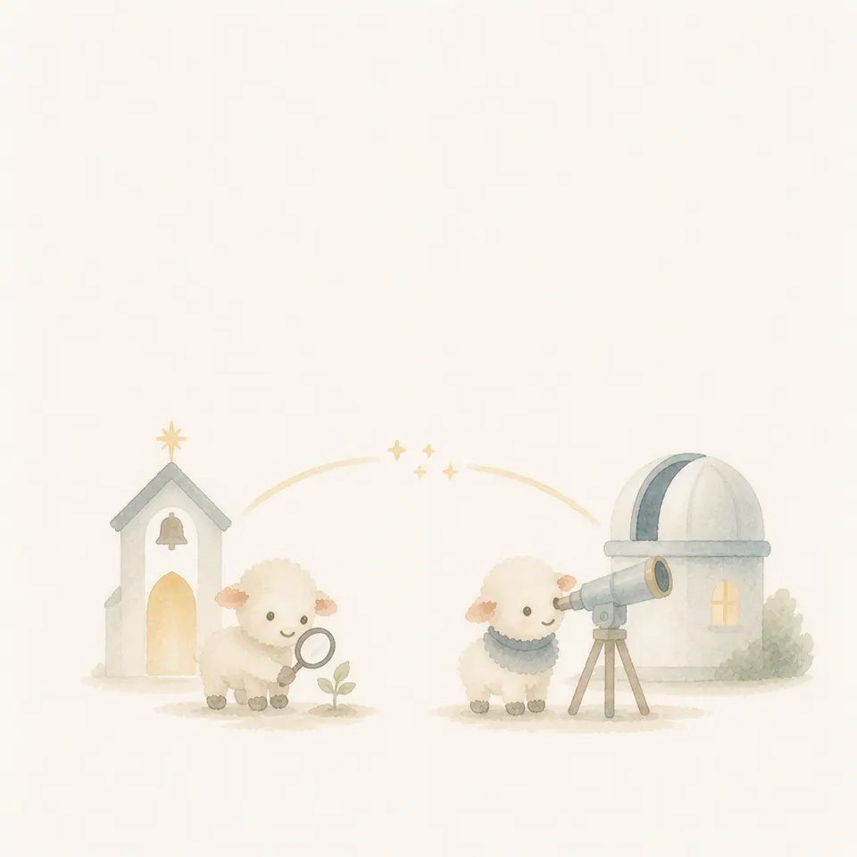 A watercolor of lambs studying the universe and life beside a church and an observatory
