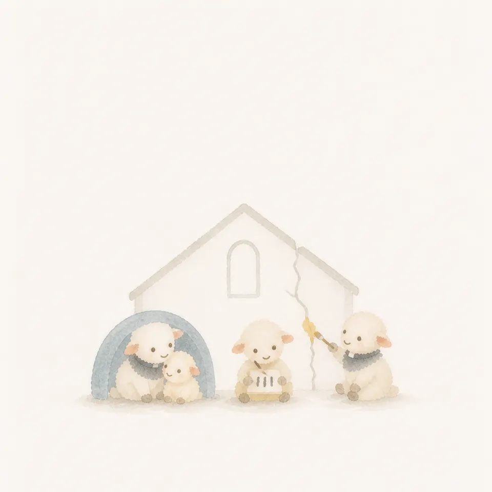 A watercolor of lambs repairing a cracked church, protecting the vulnerable, and writing down the truth