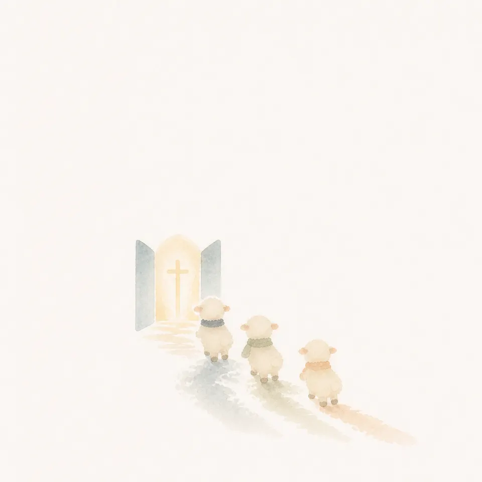 A watercolor of friends coming from many roads toward a shining cross and an open church