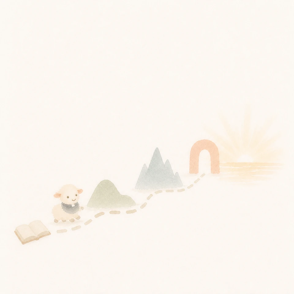 Abstract watercolor of a lamb setting out from an open book and walking the map of faith toward a bright horizon