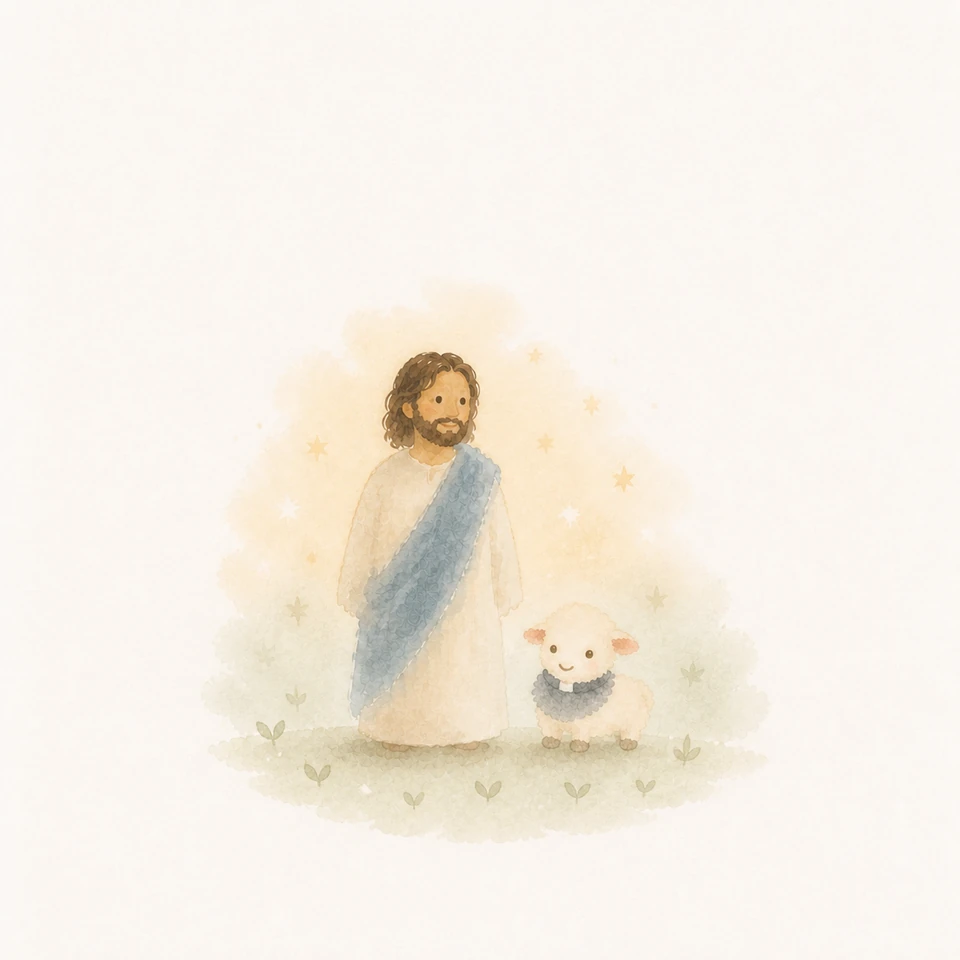Abstract watercolor of Jesus standing whole and undivided where starlight meets a young sprout, with a lamb beside him