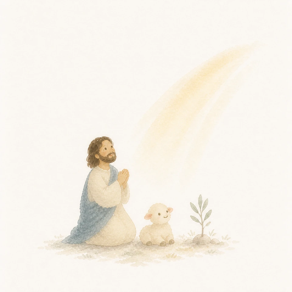 Abstract watercolor of Jesus praying toward the light of the Father beside a small olive branch, with a lamb nearby