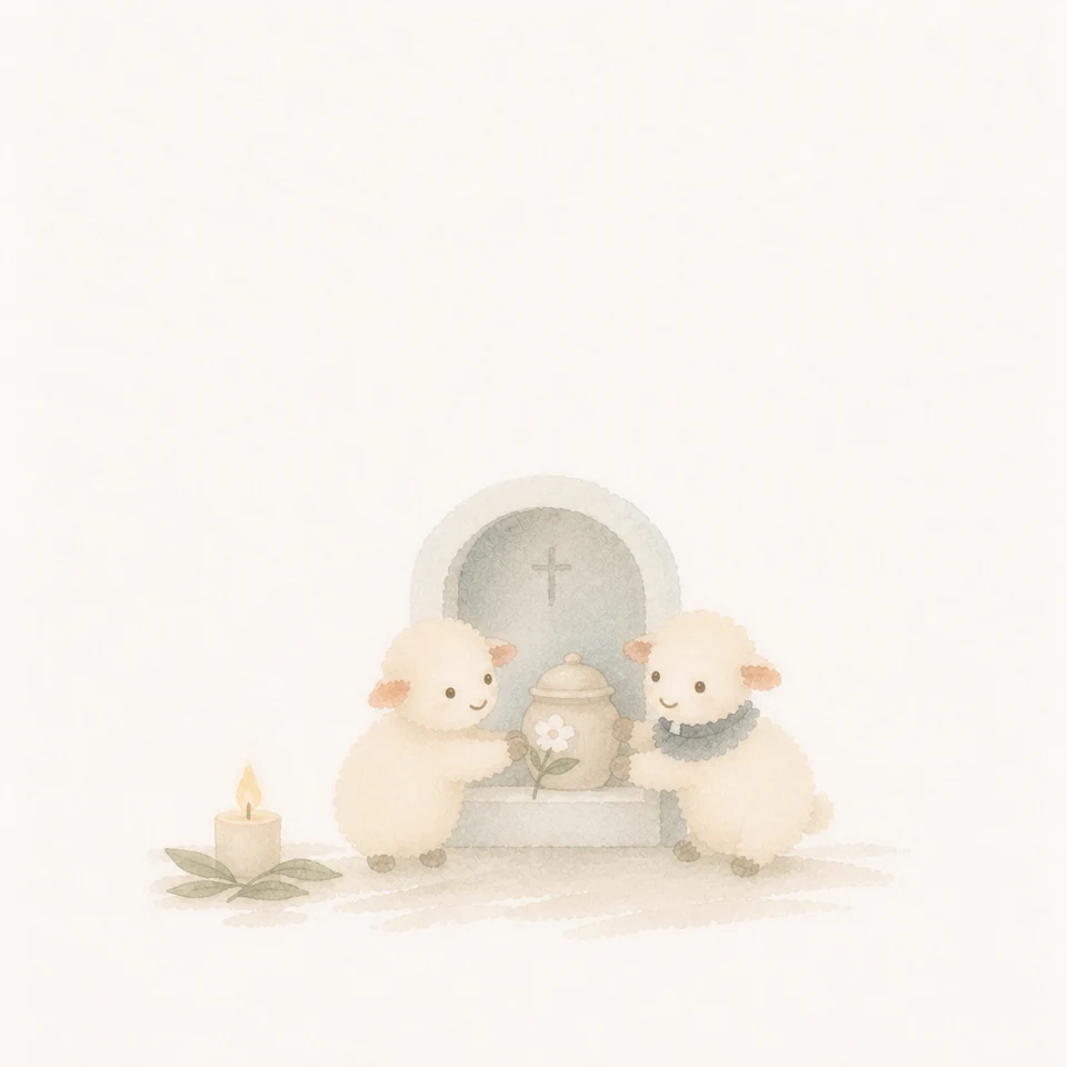 Watercolor of lambs carefully laying remains in a sacred memorial space