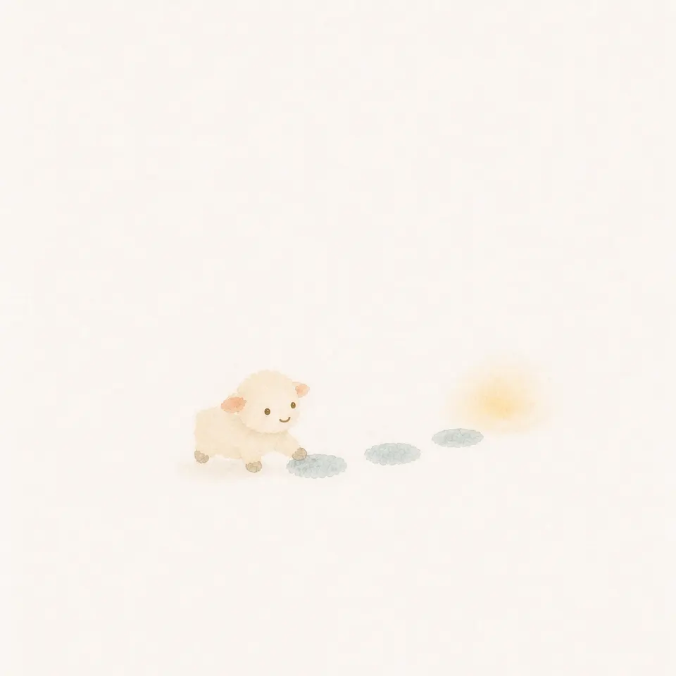 A watercolor of a lamb checking the stepping stones of evidence and crossing toward the light