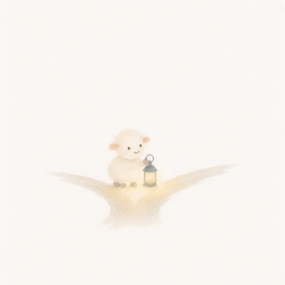 A watercolor of a lamb holding a question-mark lantern and looking for the way