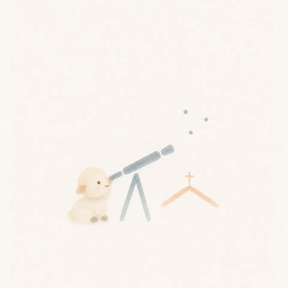 A watercolor of a lamb observing the stars through a telescope beside a church