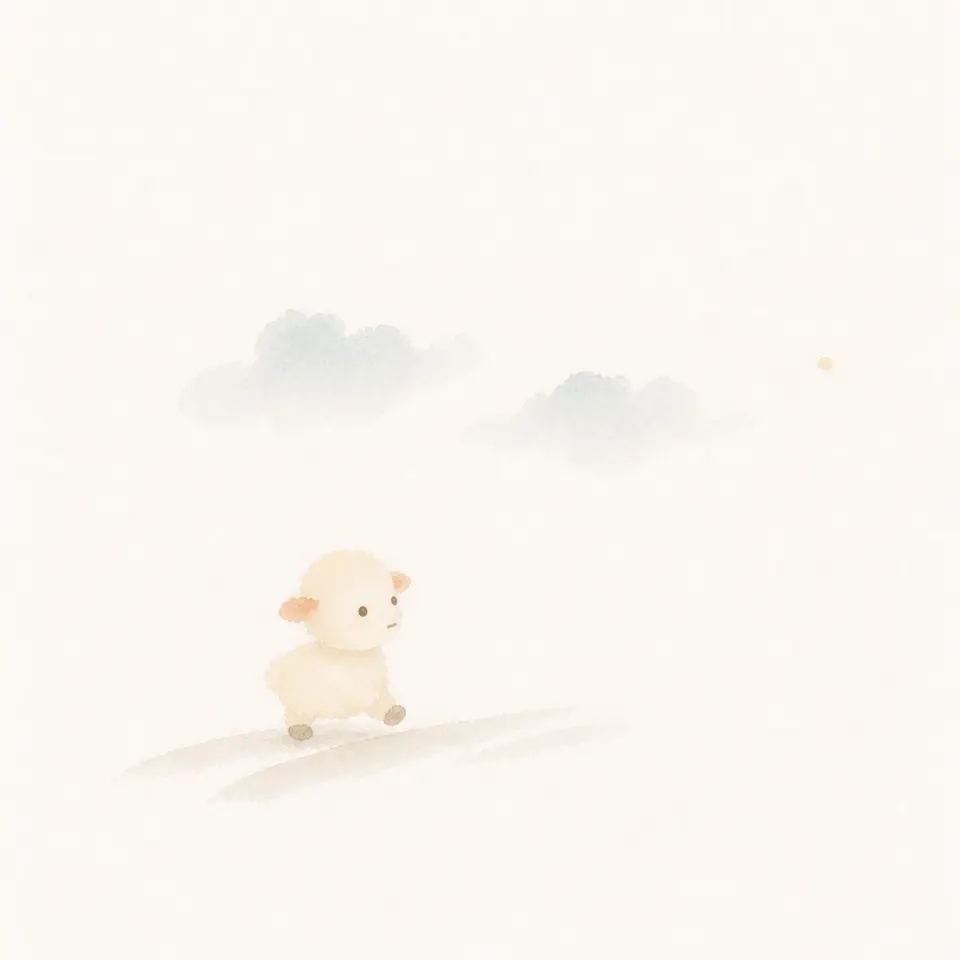 A watercolor of a lamb walking after a small light even on a clouded road