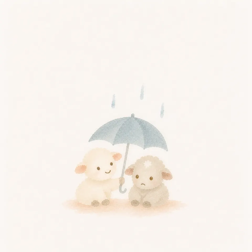 A watercolor of a lamb opening an umbrella beside a sad friend on a rainy day