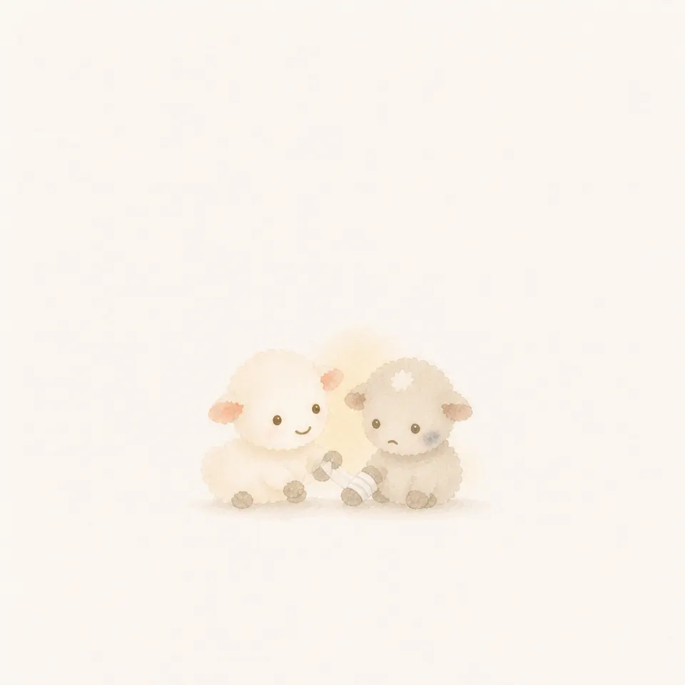 A watercolor of a lamb caring for an injured friend and comforting them that it is not a punishment