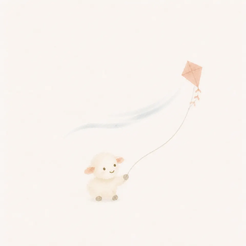 A watercolor of a lamb watching a kite fly higher because it is held by a safe string
