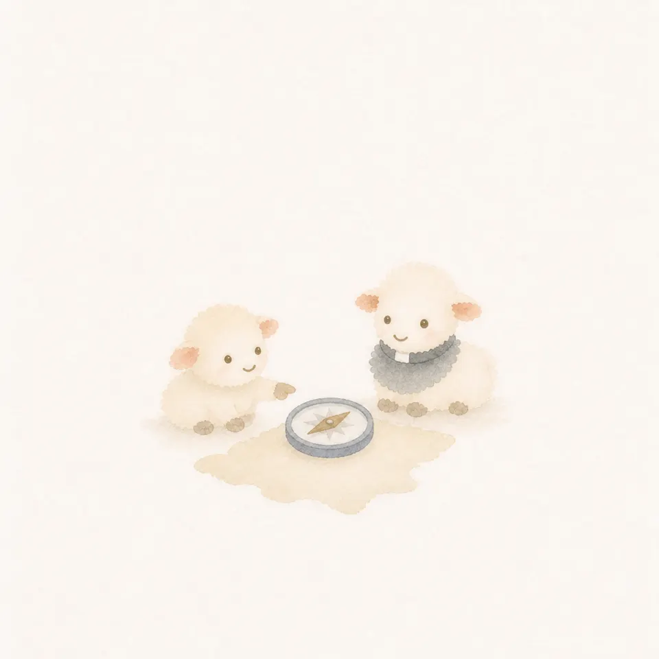 A watercolor of a lamb learning about conscience while checking a compass and a map together