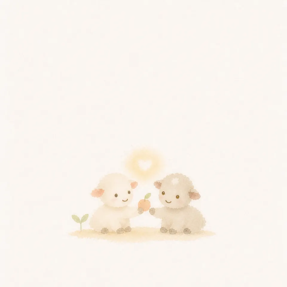 A watercolor of a lamb sharing with neighbors the fruit grown from the seed of prayer