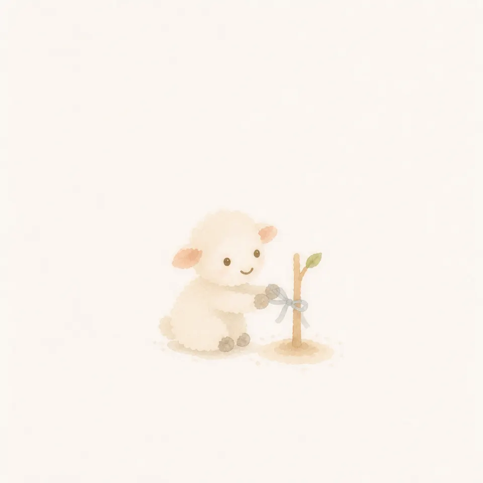 A watercolor of a lamb tending an inherited sapling on its own and growing it into a big tree