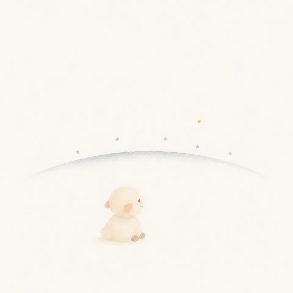 A watercolor of a lamb humbly gazing at mystery before a wide starlit horizon