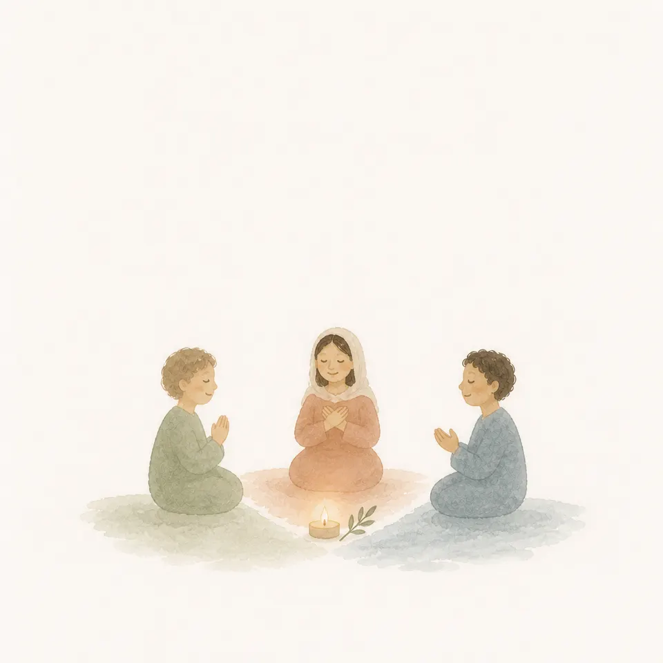 A watercolor of friends from different traditions praying for peace