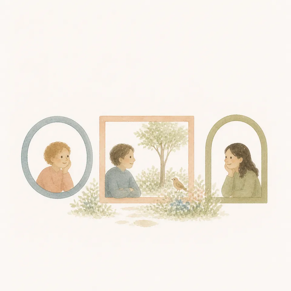 A watercolor of friends looking at one garden through different windows