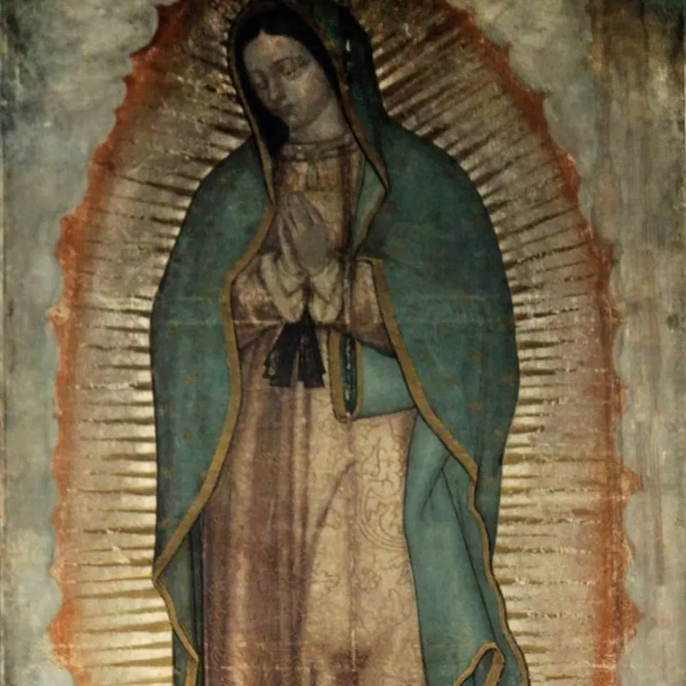 The Guadalupe tilma: Our Lady in a star-strewn turquoise mantle with her hands joined
