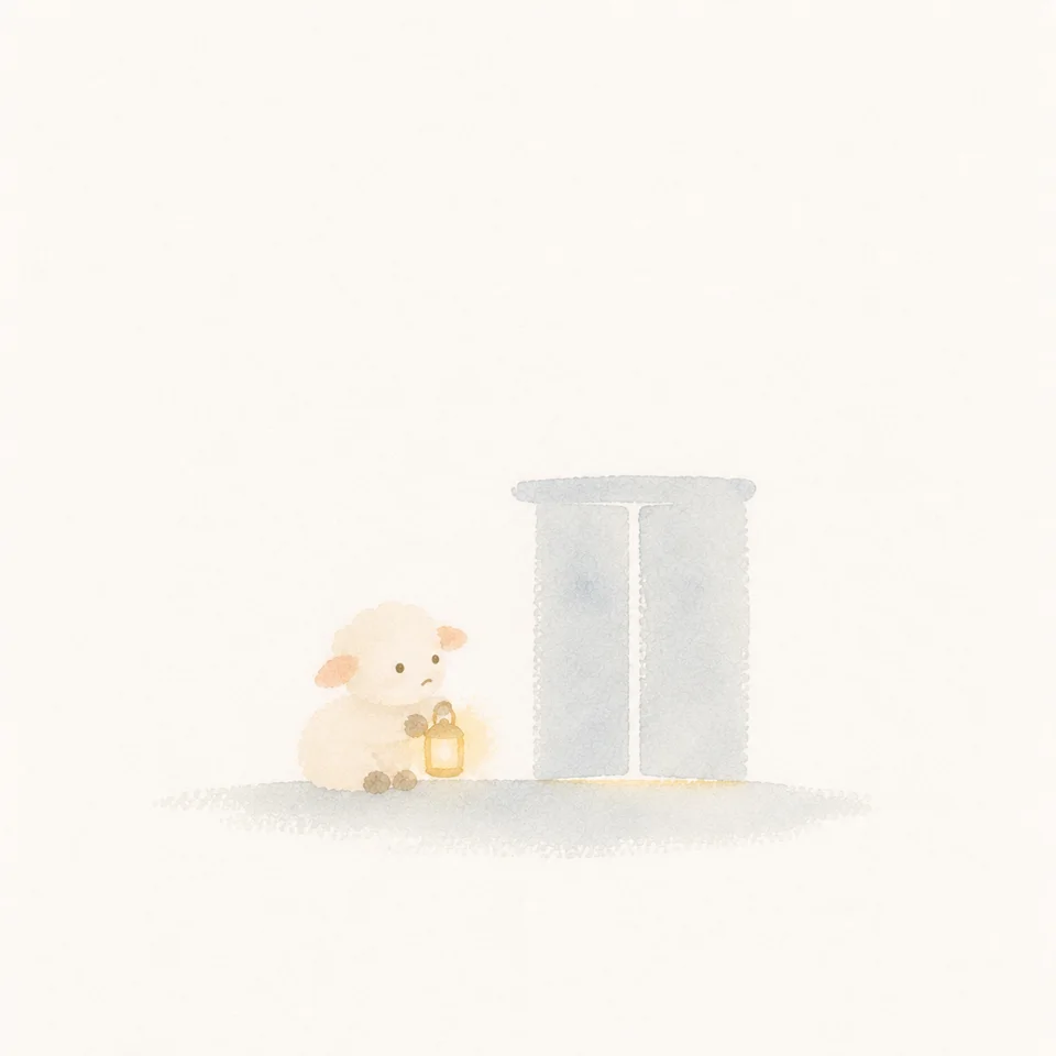 A watercolor of a lamb waiting in front of a closed door, holding a lantern close