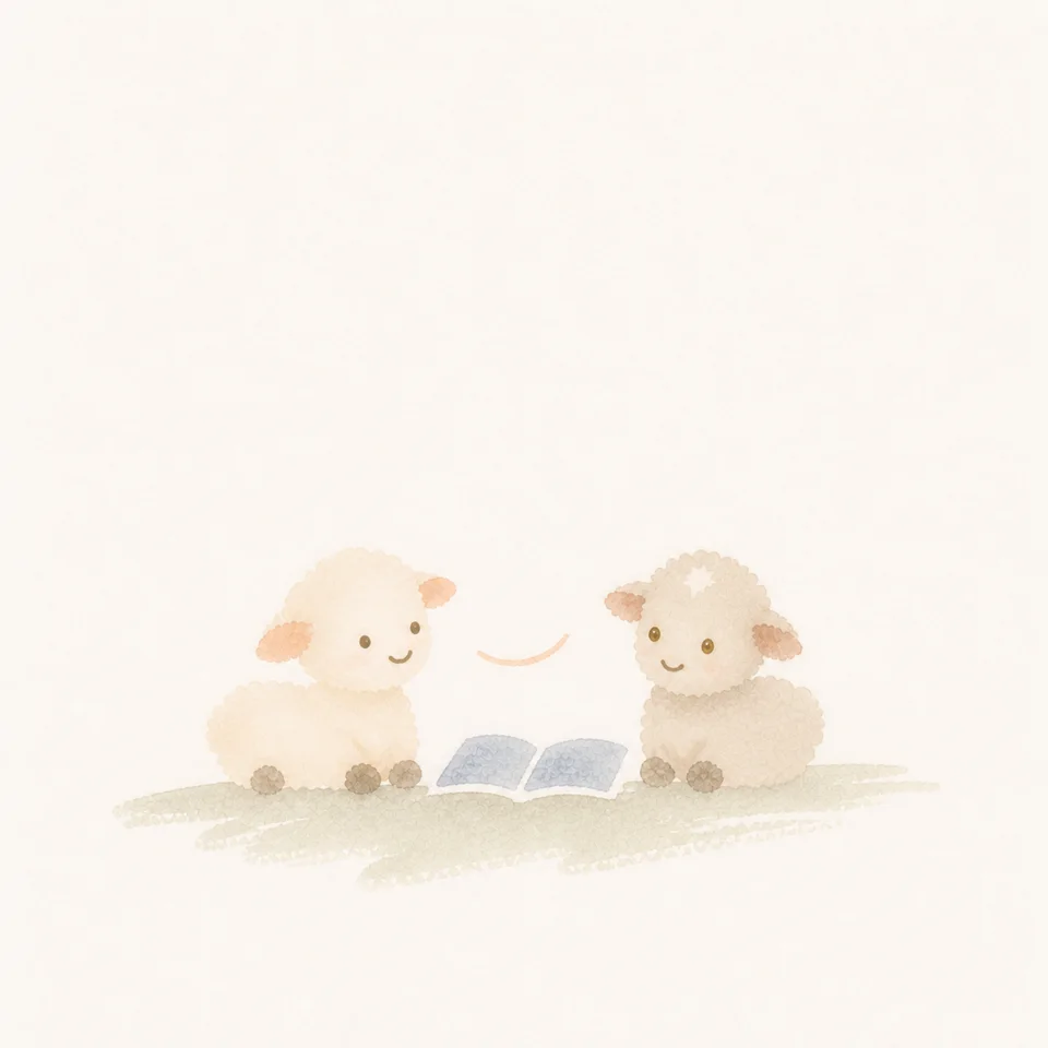 A watercolor of two lambs speaking in turn from a prayer book and in their own words