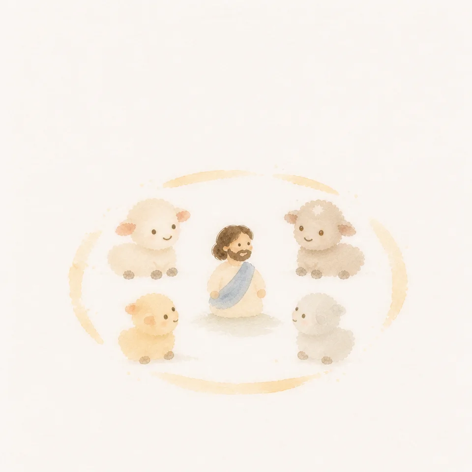 A watercolor of a circle of friends praying for one another around Jesus at the center
