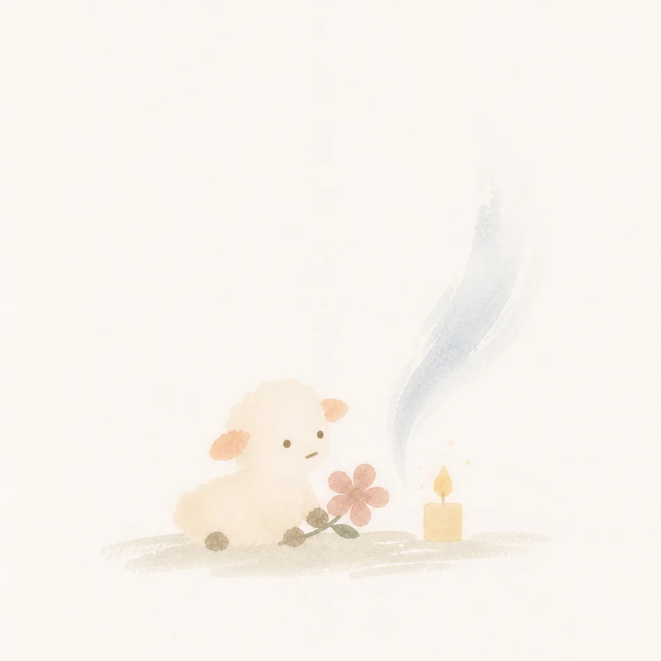 A watercolor of a lamb remembering someone who has died and offering a small candle and flowers