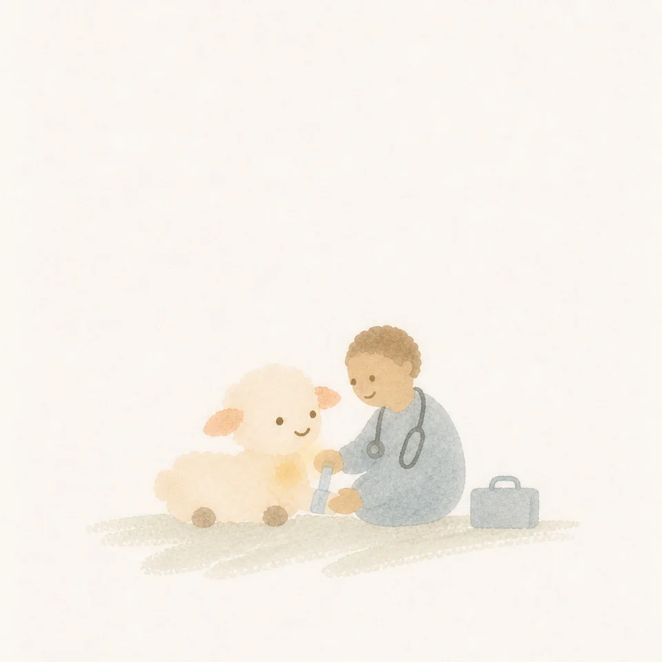A watercolor of a lamb being seen by a doctor and praying at the same time