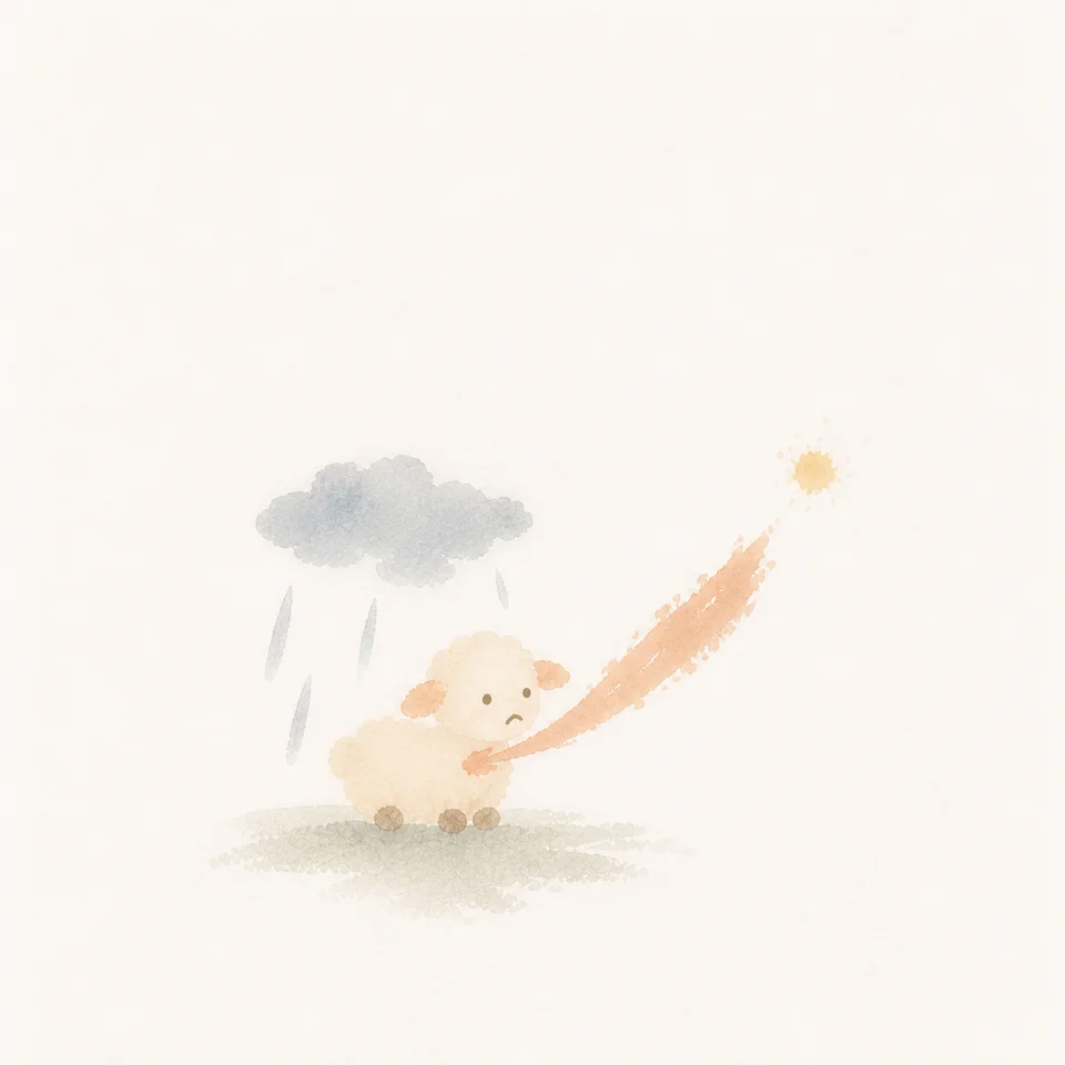 A watercolor of a lamb honestly pouring out its heart to God in wind and rain