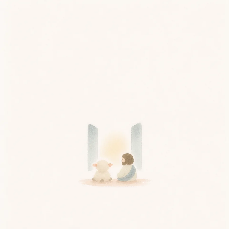 A watercolor of a lamb staying with Jesus at a quiet window