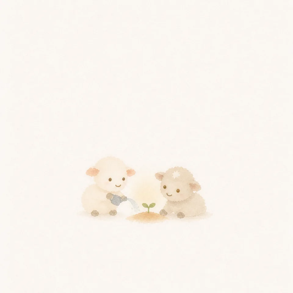 A watercolor of lambs helping their neighbors and planting a tree after praying