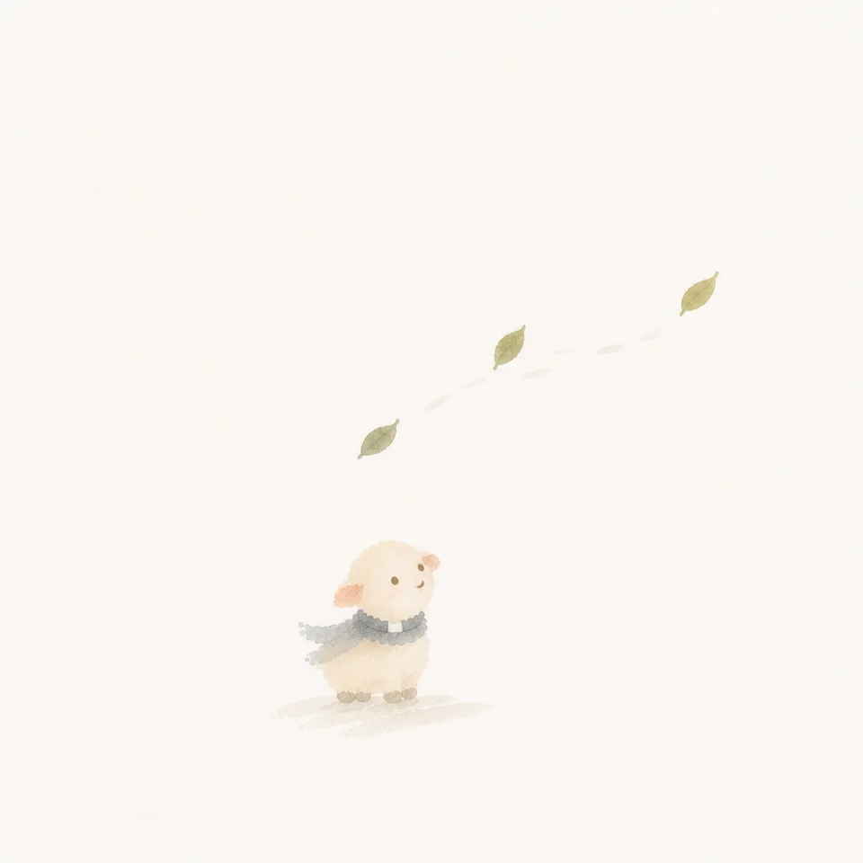 A watercolor of a little lamb watching leaves scatter in the wind