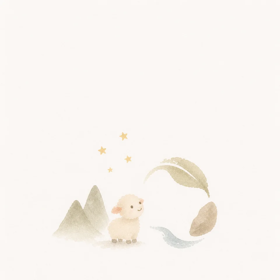A watercolor of a little lamb looking up at a starry sky and mountains