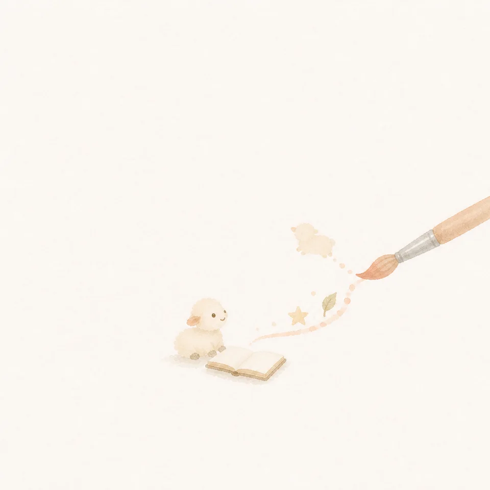 A watercolor of a little lamb watching a brush outside a book paint a world