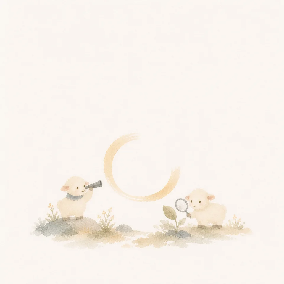 A watercolor of a little lamb observing nature through a telescope and a microscope