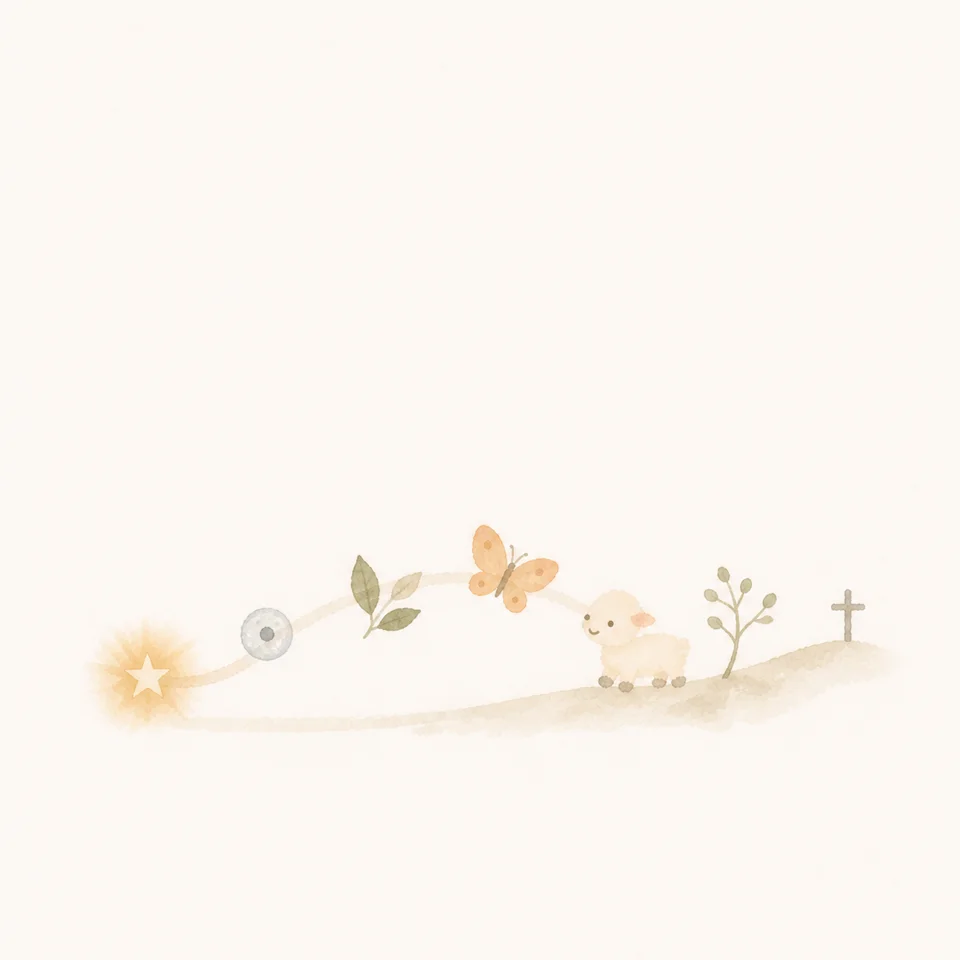 A watercolor of a little lamb watching a galaxy and a butterfly changing