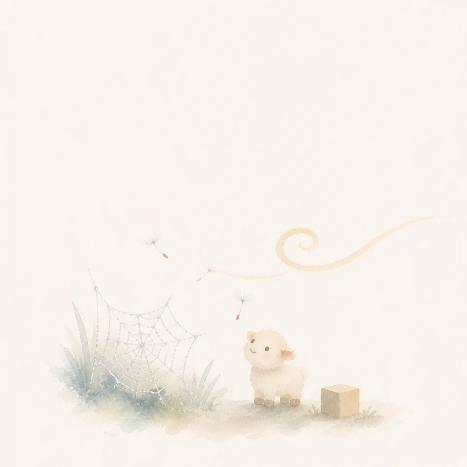 A watercolor of a little lamb studying dandelion seeds and a dew-covered spider web